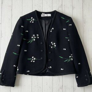 Zara Blazer Jacket Small Women Floral Embroidered Black Textured Cardigan NWT